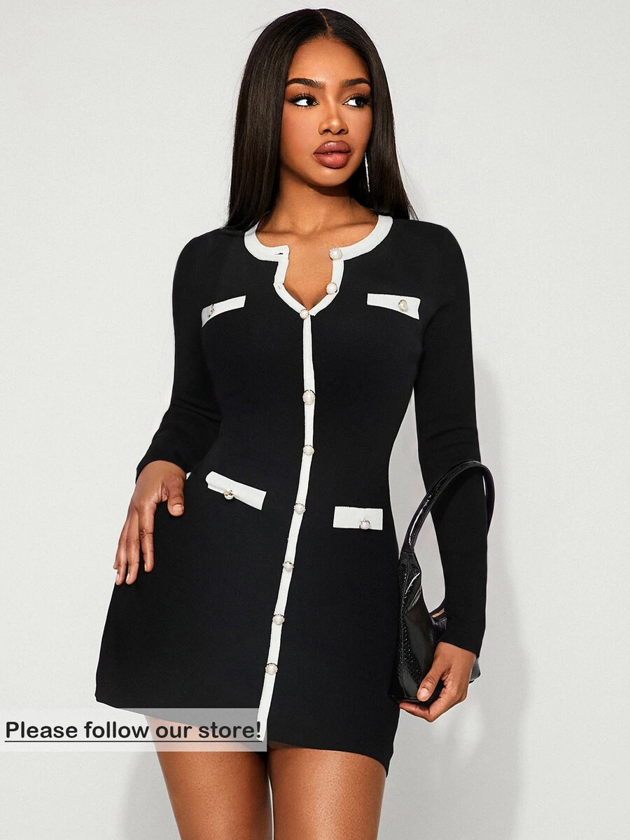SHEIN SXY Women's Colorblock Casual Daily Knit Dress - Black and White - View 1
