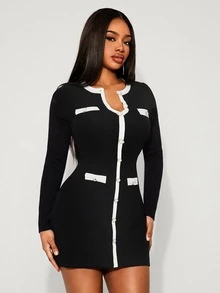 SHEIN SXY Women's Colorblock Casual Daily Knit Dress - Black and White - View 4