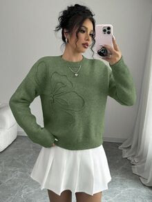 Elenzga 女式圆领花卉图案纯色套头衫 - 綠色 - 查看 3