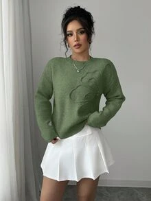 Elenzga 女式圆领花卉图案纯色套头衫 - 綠色 - 查看 4