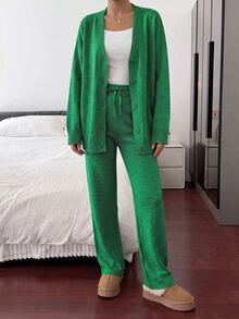 Women's Autumn/Winter Casual Solid Color Cardigan & Knitted Pants 2 Pieces Set - Green - View 3