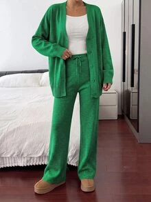 Women's Autumn/Winter Casual Solid Color Cardigan & Knitted Pants 2 Pieces Set - Green - View 4