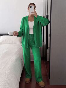 Women's Autumn/Winter Casual Solid Color Cardigan & Knitted Pants 2 Pieces Set - Green - View 5