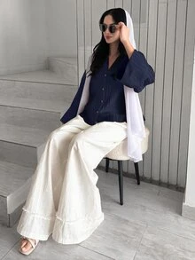 Solavon 女士纯色简约长袖衬衫，休闲日常穿着 - 藏蓝色 - 查看 7