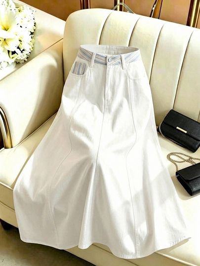GlowEve Women's Casual Denim Midi Skirt With Striped Waist Patchwork And Pockets Brunch White Autumn