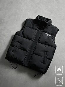 PAVTROS Men's Letter Pattern Zipper Casual Daily Winter Cotton Padded Vest, Goth, Gym - Black - View 1