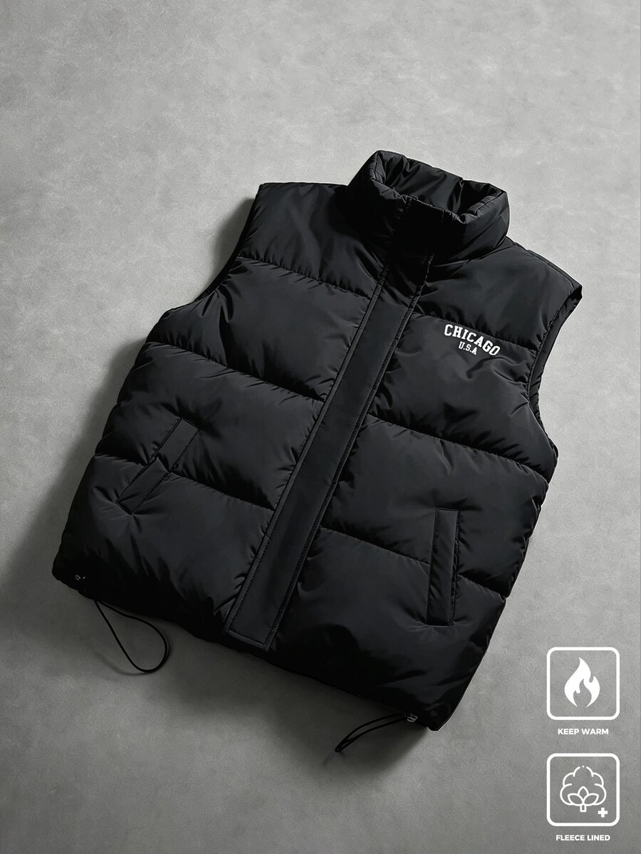 PAVTROS Men's Letter Pattern Zipper Casual Daily Winter Cotton Padded Vest, Goth, Gym - Black - View 1