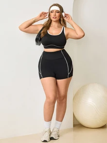 SHEIN Sports 2026 Summer New Women's Plus Size Black Colorblock Sports Tank Top & Bikini Bottom 2-Piece Swimsuit - Black - View 4