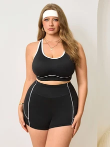 SHEIN Sports 2026 Summer New Women's Plus Size Black Colorblock Sports Tank Top & Bikini Bottom 2-Piece Swimsuit - Black - View 3
