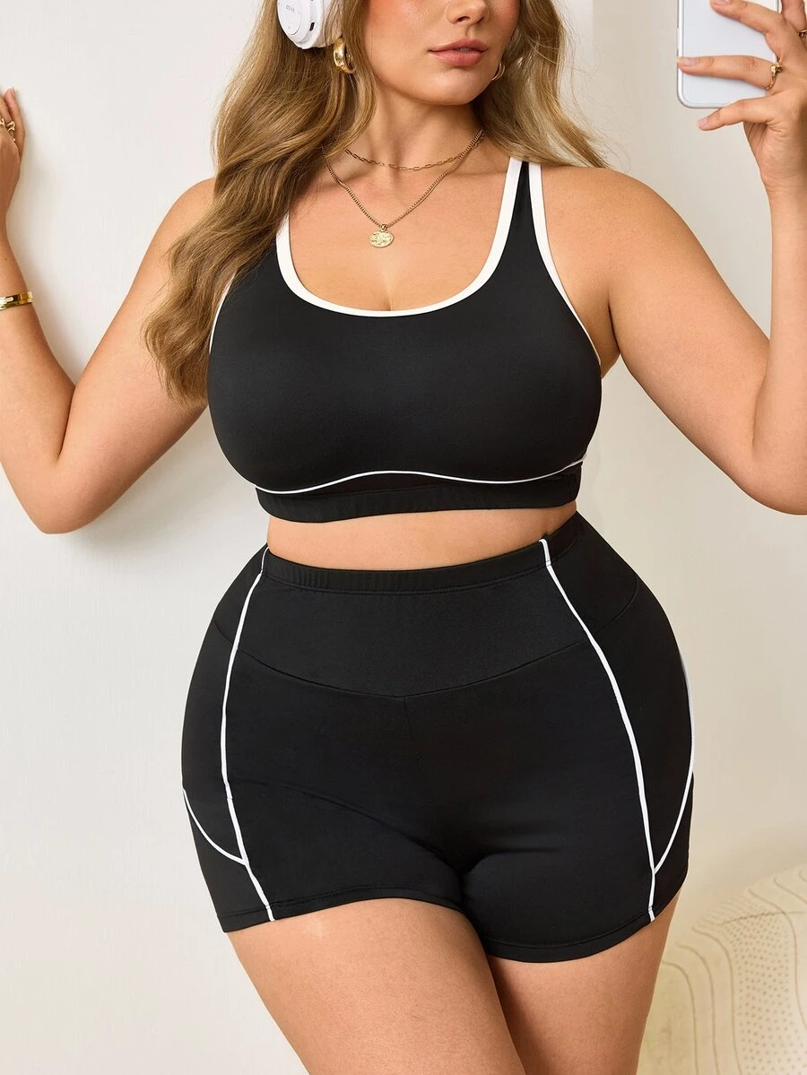SHEIN Sports 2026 Summer New Women's Plus Size Black Colorblock Sports Tank Top & Bikini Bottom 2-Piece Swimsuit - Black - View 1
