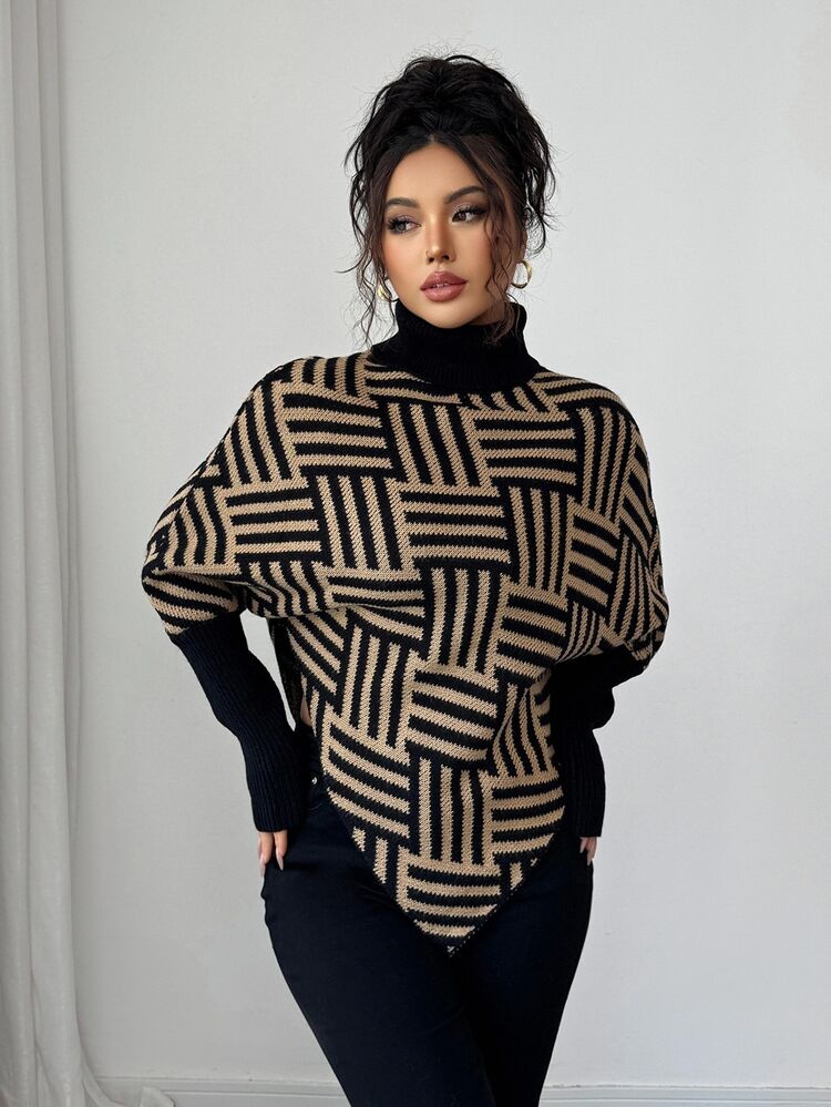 Elenzga Women's Elegant High Neck Geometric Textured Poncho Sweater, Colorblock, Suitable For Home & Travel, Spring/Autumn - Black - View 3