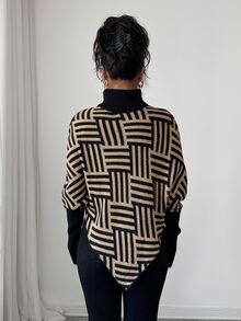 Elenzga 女士优雅高领几何纹理斗篷毛衣，拼色，适合居家和旅行，春秋季 - 黑色 - 查看 2