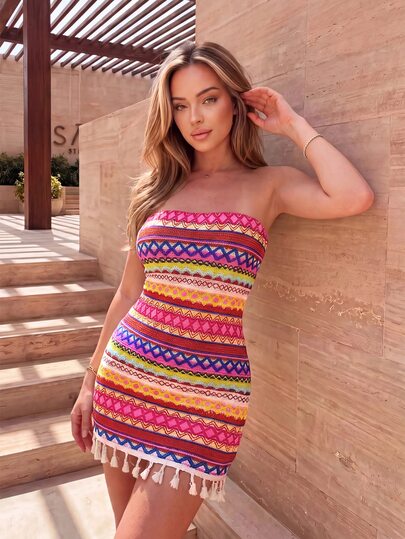 Katetique فستان قصير بخصر ضيق وأذيال شرابة، أنيق بطراز أوروبي وأمريكي، لإطلالة مثيرة في عطلة نهاية الأسبوع