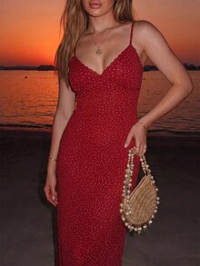 Katetique Fashionable Spaghetti Strap Summer Fitted Polka Dot Lace Trim Camisole Dress - Red - View 4