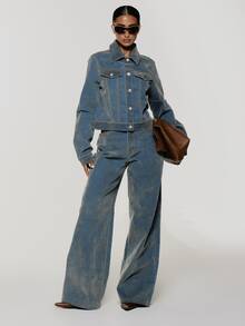 MUSERA Distressed-Wash Structured Button Through Denim Jacket Boho, Sexy, Autumn, Festival, Girly, Studs & Suede - Cream - View 3