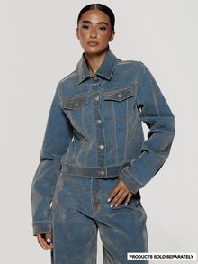 MUSERA Distressed-Wash Structured Button Through Denim Jacket Boho, Sexy, Autumn, Festival, Girly, Studs & Suede - Cream - View 2
