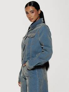 MUSERA Distressed-Wash Structured Button Through Denim Jacket Boho, Sexy, Autumn, Festival, Girly, Studs & Suede - Cream - View 4