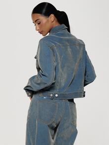 MUSERA Distressed-Wash Structured Button Through Denim Jacket Boho, Sexy, Autumn, Festival, Girly, Studs & Suede - Cream - View 5