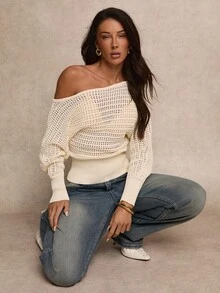 Glamine Women's Solid Color Asymmetric Shoulder Long Sleeve Hollow Out Casual Sweater - Apricot - View 6