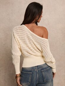 Glamine Women's Solid Color Asymmetric Shoulder Long Sleeve Hollow Out Casual Sweater - Apricot - View 8