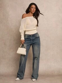 Glamine Women's Solid Color Asymmetric Shoulder Long Sleeve Hollow Out Casual Sweater - Apricot - View 9