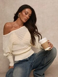 Glamine Women's Solid Color Asymmetric Shoulder Long Sleeve Hollow Out Casual Sweater - Apricot - View 5