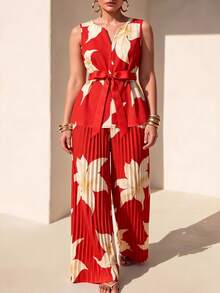 GlowEve CURVE 大尺碼女款無袖印花上衣與休閒寬鬆百褶長褲兩件套 - 紅色 - 查看 9