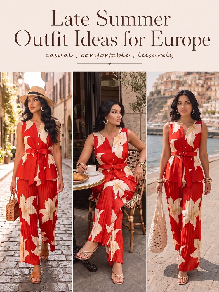 GlowEve CURVE Plus Size Women's Sleeveless Printed Top And Casual Loose Pleated Pants 2-Piece Set - Red - View 2