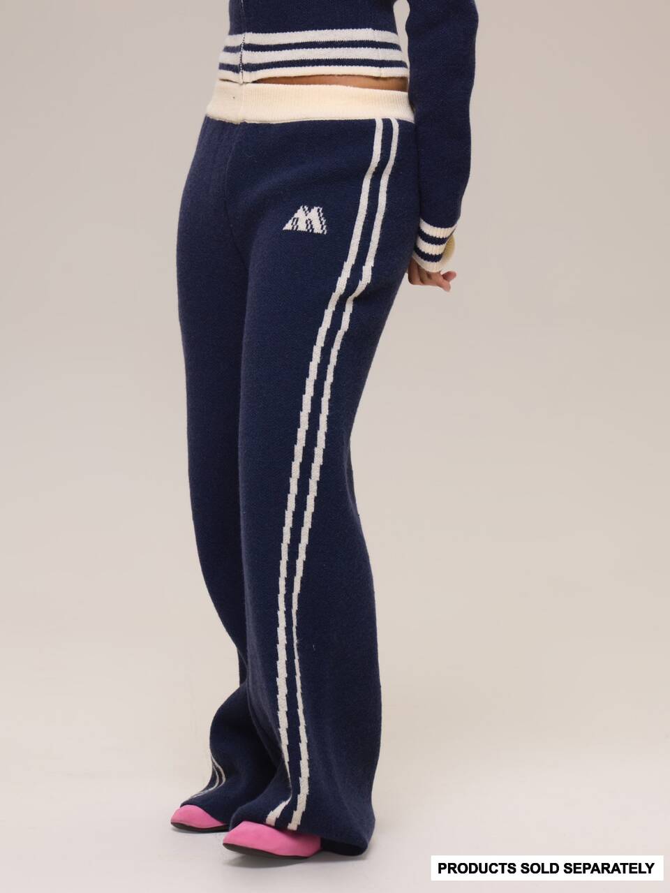 Blue Contrast Colour Knitted Stripe Sides Graphic Detail Pants Winter Casual Day Outfit Cool  Blue Womens Pants Trousers