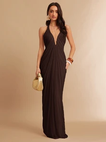 Silquee Women's Mesh Loose Elegant Sexy Banquet Holiday Dress Dinner Date Coffee Brown Summer - Brown - View 3