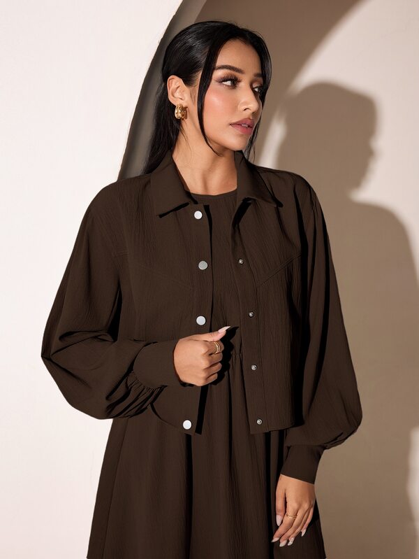 Veilorie Women's Solid Color Round Neck Pleated Dress And Long Sleeve Cardigan Casual Modest Daily 2-Piece Set Office Dark Brown Autumn