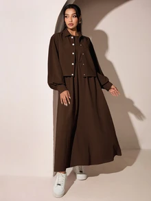 Veilorie 女款純色圓領百褶洋裝與長袖開襟衫休閒日常兩件套 - 咖啡棕 - 查看 7
