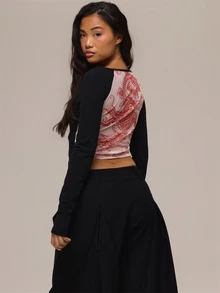 MUSERA Black Sheer Back Cut Out Long Sleeve Top Summer Holiday Ibiza Festival Black Lotus - Black - View 4