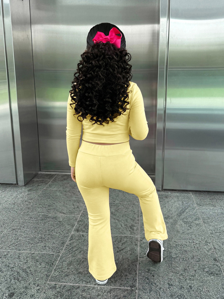 SHEIN Young Girl Young Girl Young Girl Knit Solid Color Stand Collar Casual Jacket & Long Pants 2 Pieces Set, Thermal Lined Thick , Suitable For Autumn/Winter - Yellow - View 2