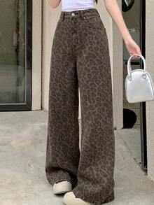 Dazy Kids Teen Girls Leopard Print High Waist Wide Leg Jeans Fall - Brown - View 16