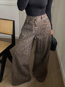 Dazy Kids Teen Girls Leopard Print High Waist Wide Leg Jeans Fall - Brown - View 10