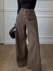 Dazy Kids Teen Girls Leopard Print High Waist Wide Leg Jeans Fall - Brown - View 4