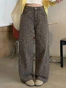 Dazy Kids Teen Girls Leopard Print High Waist Wide Leg Jeans Fall - Brown - View 12