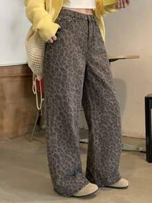 Dazy Kids Teen Girls Leopard Print High Waist Wide Leg Jeans Fall - Brown - View 13