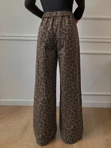 Dazy Kids Teen Girls Leopard Print High Waist Wide Leg Jeans Fall - Brown - View 2