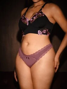 Bella Beso 1pc Plus Size Women Lace Patchwork Thong Panty - Maroon - View 3