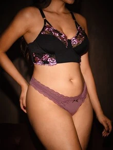 Bella Beso 1pc Plus Size Women Lace Patchwork Thong Panty - Maroon - View 4