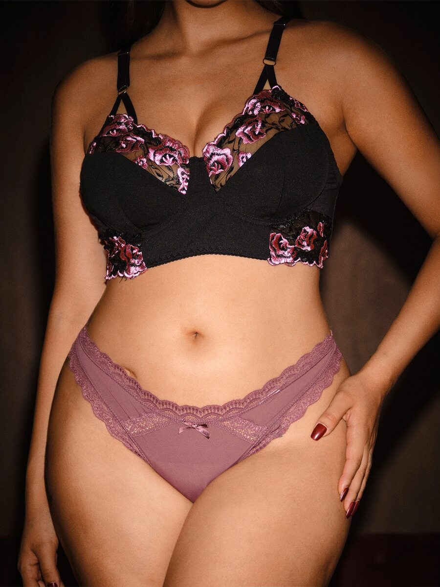 Bella Beso 1pc Plus Size Women Lace Patchwork Thong Panty - Maroon - View 1
