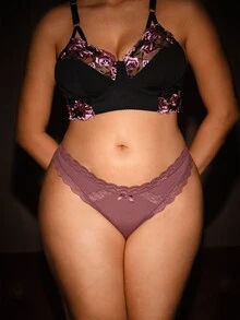 Bella Beso 1pc Plus Size Women Lace Patchwork Thong Panty - Maroon - View 5