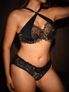 Bella Beso 1件加大码蕾丝拼接钢圈文胸 - 黑色 - 查看 5