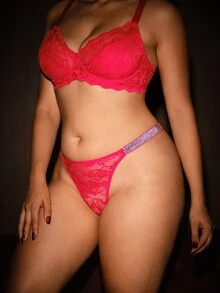 Bella Beso 1pc Plus Size Women's Sexy Lace Patchwork Shiny Ribbon Fashion G-String - Red - View 3