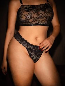 Bella Beso Comfortable Plus Size Lace Thong Panties Sexy Lingerie - Black - View 5