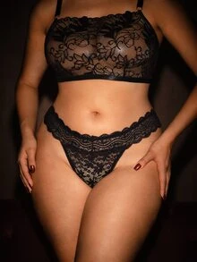 Bella Beso Comfortable Plus Size Lace Thong Panties Sexy Lingerie - Black - View 3