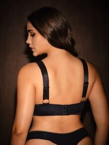 Bella Beso Plus Size Hollow Patchwork Design Comfortable Wireless Thin Cup Lingerie, Lift - Black - View 2