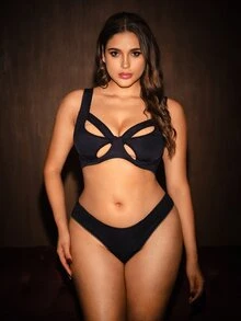 Bella Beso Plus Size Hollow Patchwork Design Comfortable Wireless Thin Cup Lingerie, Lift - Black - View 1